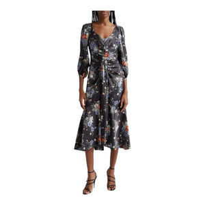 Black Floral Midi Dress with Ruched Front